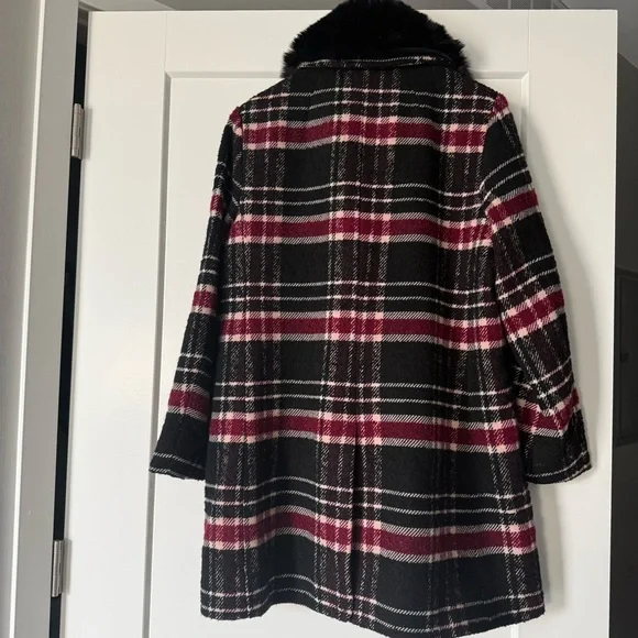 NWT Kate Spade Top Collar Fur Plaid Wool Coat - Picture 4 of 7